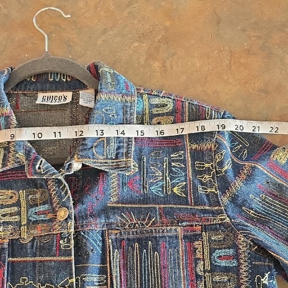 Chico's Blue and Red Patterned Jean Jacket Size 2 (Fits Like A Large) - Picture 3 of 6